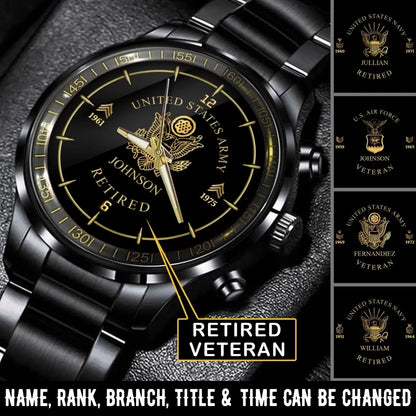 Personalisierte Armbanduhr im Ruhestand mit Logo der US-Armee, Dienstgrad, Camo, mit individuellem Namen, bedruckt