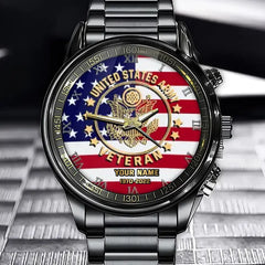 Personalisierte US-Veteranen-/Soldatuhr aus schwarzem Edelstahl