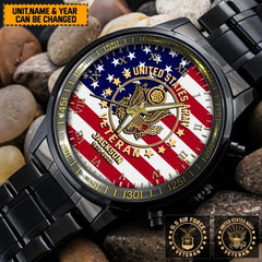 Personalisierte US-Veteranen-/Soldatuhr aus schwarzem Edelstahl