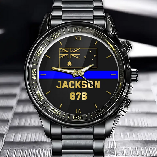 Personalisierte Australian Police Thin Blue Line-Uhr mit individuellem Namen und Ausweis, bedruckt
