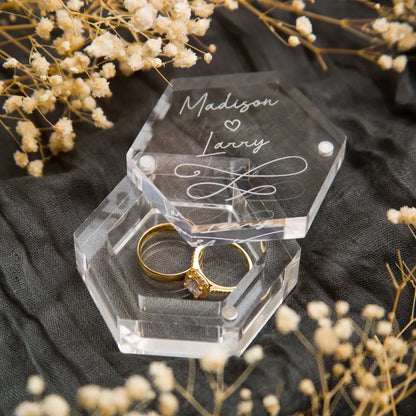 Custom Engraved Clear Hexagon Ring Box - Personalized Acrylic Wedding Ring Bearer Box for Engagement Proposal