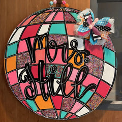 Personalized Wooden Door Sign with Disco Ball Design - Custom Initials Door Hanger