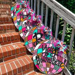 Personalized Wooden Door Sign with Disco Ball Design - Custom Initials Door Hanger