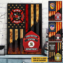 Personalized Poster Canvas For Firefighter Custom Logo And Helmet Shields Thin Red Line Fireman