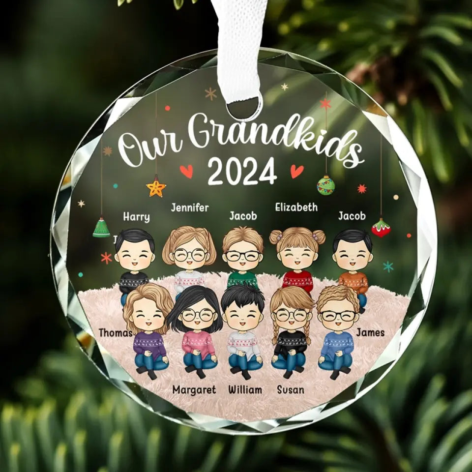 Grandchildren's Love, Infinite Contentment - Family Personalized Custom Circle Glass Ornament - Christmas Gift For Family Members