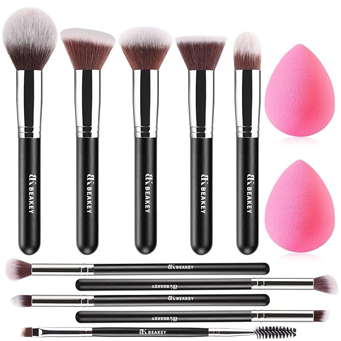 BEAKEY Makeup Brush Set with 2 Sponges (Professional Full Face Set)