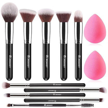 BEAKEY Makeup Brush Set with 2 Sponges (Professional Full Face Set)