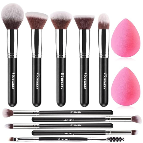 BEAKEY Makeup Brush Set with 2 Sponges (Professional Full Face Set)