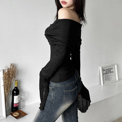 Women'S Clothing Solid Color Slim And Fashionable One-Length Collar Sexy Backless Long-Sleeved T-Shirt