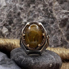 Türkiye Handmade Exquisite Convex Vintage Old Crown Men'S Rutile Hair Crystal Engraved Gold Ring