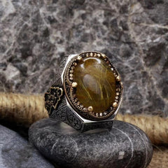 Türkiye Handmade Exquisite Convex Vintage Old Crown Men'S Rutile Hair Crystal Engraved Gold Ring