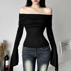 Women'S Clothing Solid Color Slim And Fashionable One-Length Collar Sexy Backless Long-Sleeved T-Shirt