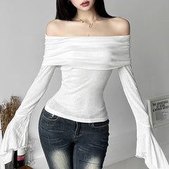 Women'S Clothing Solid Color Slim And Fashionable One-Length Collar Sexy Backless Long-Sleeved T-Shirt