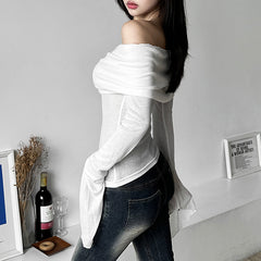 Women'S Clothing Solid Color Slim And Fashionable One-Length Collar Sexy Backless Long-Sleeved T-Shirt
