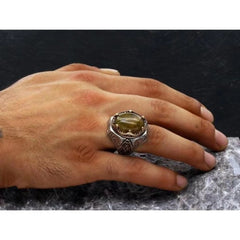 Türkiye Handmade Exquisite Convex Vintage Old Crown Men'S Rutile Hair Crystal Engraved Gold Ring