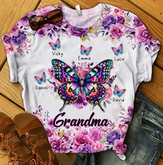 Purple & Pink Floral Butterfly Grandma Personalized 3D T-shirt