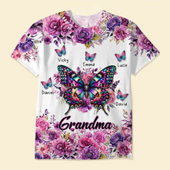 Purple & Pink Floral Butterfly Grandma Personalized 3D T-shirt