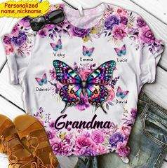 Purple & Pink Floral Butterfly Grandma Personalized 3D T-shirt