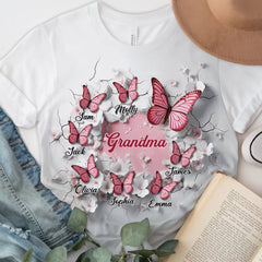 3D Effect Crack In A Wall Pink Butterflies Personalized 3D T-shirt Gift For Grandma/Mom