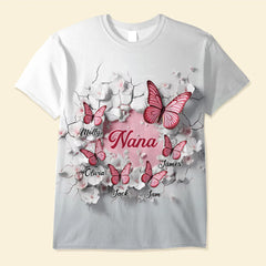 3D Effect Crack In A Wall Pink Butterflies Personalized 3D T-shirt Gift For Grandma/Mom