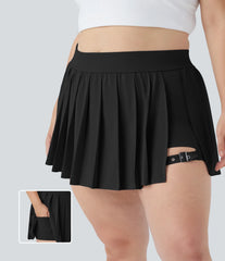 High Waisted Pleated 2-in-1 Side Pocket Adjustable Buckle Quick Dry Micro Mini Casual Plus Size Skirt