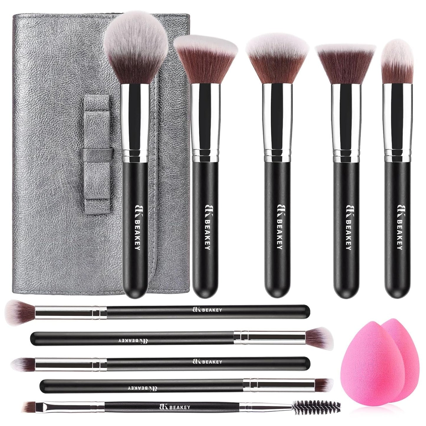 BEAKEY Makeup Brush Set with 2 Sponges (Professional Full Face Set)