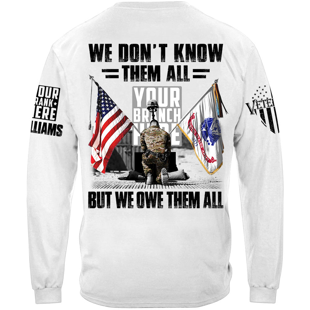 US Veteran Memorial Day All Branches Custom Rank We Don't Know Them All But We Owe Them All Personalized Shirt For Veteran