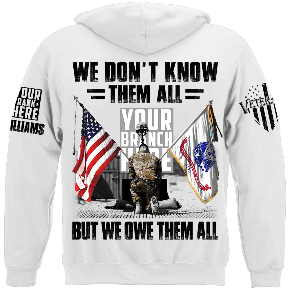 US Veteran Memorial Day All Branches Custom Rank We Don't Know Them All But We Owe Them All Personalized Shirt For Veteran