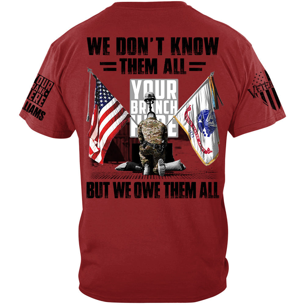 US Veteran Memorial Day All Branches Custom Rank We Don't Know Them All But We Owe Them All Personalized Shirt For Veteran