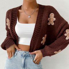 Women's Christmas Cropped Cardigan Sweater - Gingerbread Man Design