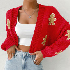 Women's Christmas Cropped Cardigan Sweater - Gingerbread Man Design