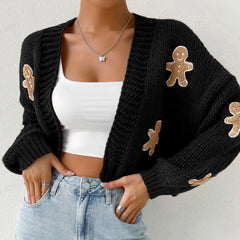 Women's Christmas Cropped Cardigan Sweater - Gingerbread Man Design