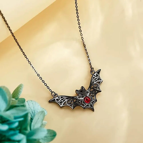 Gothic Ruby Bat Pendant Necklace – Hollow Winged Halloween Jewelry