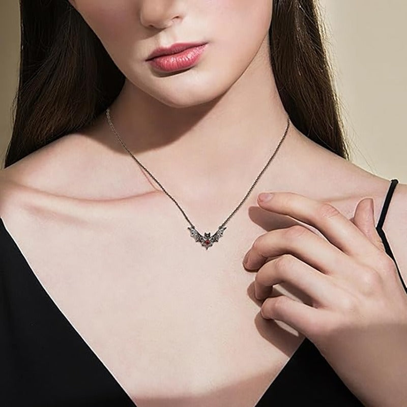 Gothic Ruby Bat Pendant Necklace – Hollow Winged Halloween Jewelry