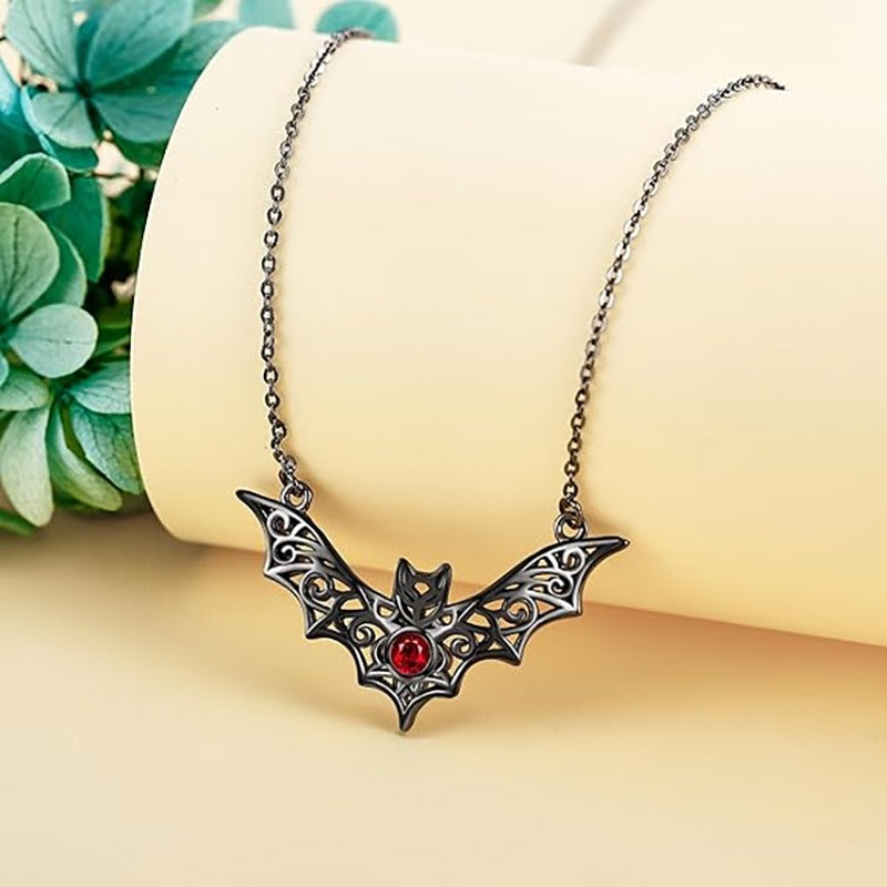 Gothic Ruby Bat Pendant Necklace – Hollow Winged Halloween Jewelry