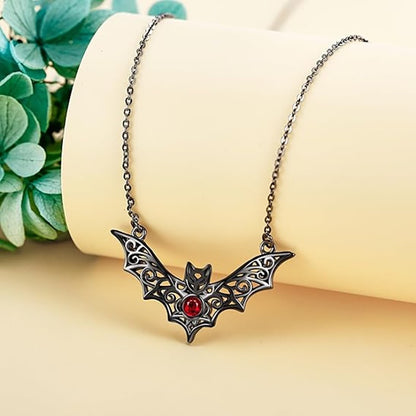 Gothic Ruby Bat Pendant Necklace – Hollow Winged Halloween Jewelry