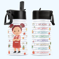 Smart Loved Brave Confident – ​​personalisierte Kinderwasserflasche mit Strohhalmdeckel