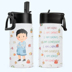 Smart Loved Brave Confident – ​​personalisierte Kinderwasserflasche mit Strohhalmdeckel