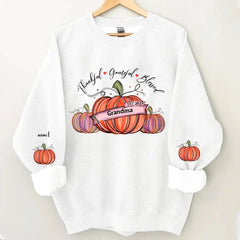 Thankful Grateful And Blessed Grandma With Pumpkin Grandkids Fall Season Personalized 2D Sweatshirt Custom Sleeve